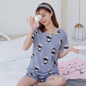 Pyjama d’été avec t-shirt et short gris pour femmes avec imprimé lapin
