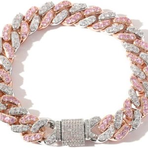 14K Gold 12Mm Cuban Link Chain Bracelet with Pink & White Moissanite, Statement Jewelry for Men, Gift for Him