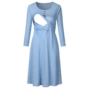 Chemise de nuit d’allaitement bleue à manches longues et col rond