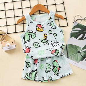 Ensemble pyjama d’été en coton vert à motif pour enfants